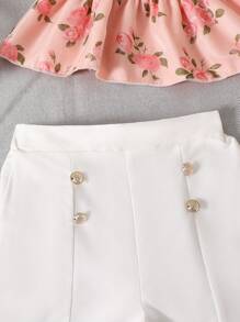 Tween Girl Digital Allover Print Full Floral Pattern Vacation Style White Top And Pants Set, 2pcs