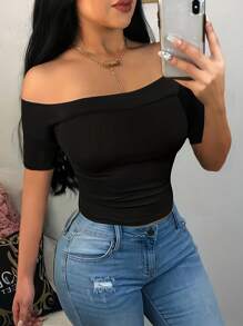 Elegant Slim-Fit Off-Shoulder Cropped Top With Crop Sleeves - Black - View 1