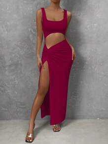 Chiquease Summer Sexy Solid Color Twisted Hollow Out High Side Slit Sleeveless Dress - Burgundy - View 6