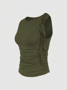 INAWLY Ladies' Plain & Minimalist Daily Wear Pleated Tank Top - Army Green - View 4