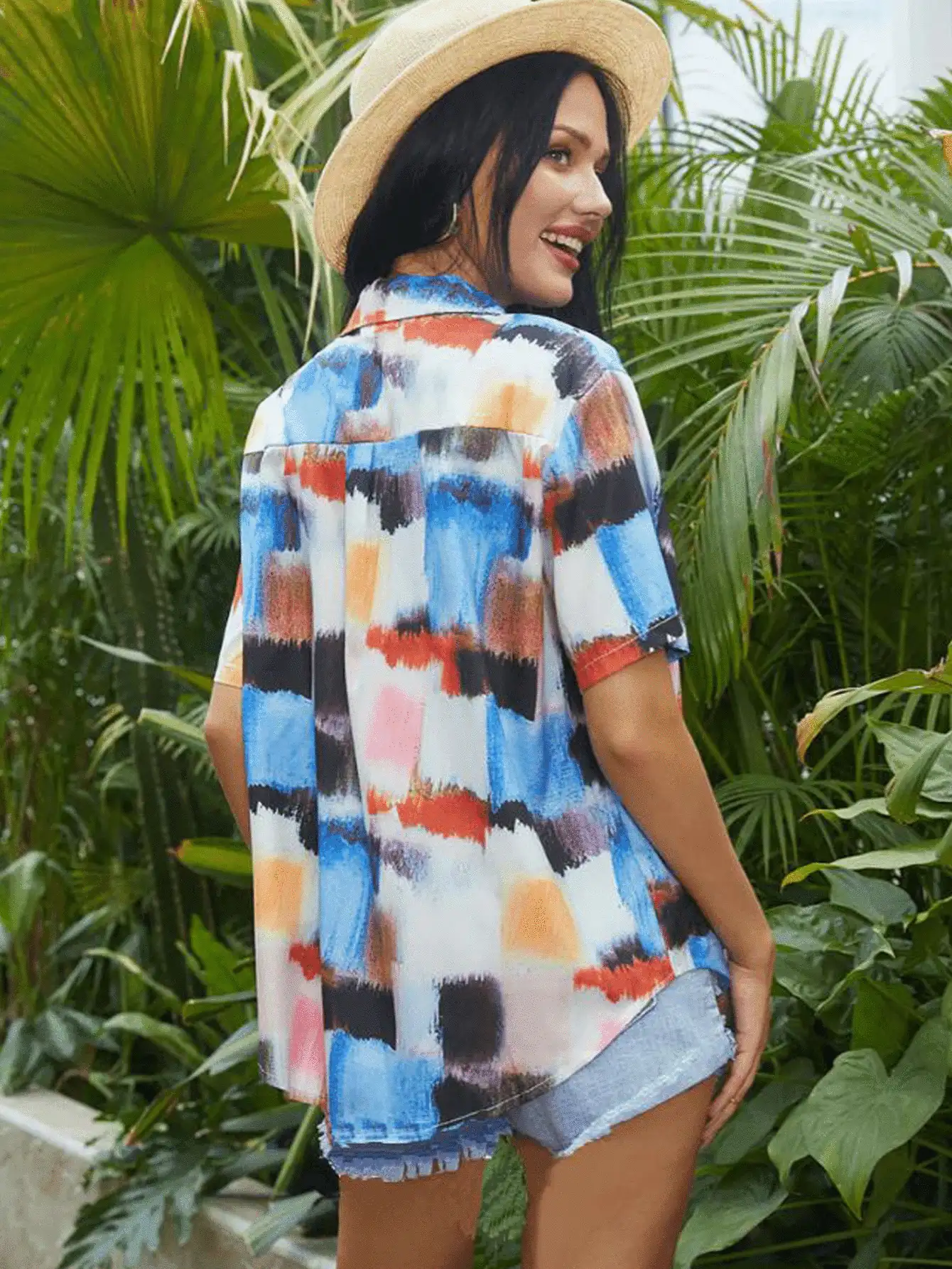 Women's Short Sleeve Button-Down Shirt With Random Colorful Print