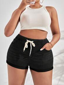 SHEIN SXY Pantalones cortos de mezclilla con cordón y bolsillos de talla grande, de unicolor, ajustados y elásticos - Negro - Ver 5