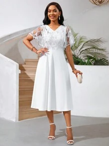SHEIN Lady Vestido de invitada de boda para verano, vestidos para mujer, vestido de graduación blanco con flecos, bordados y lentejuelas, vestido de boda blanco largo y corto, atuendo para conciertos de música country - Blanco - Ver 4