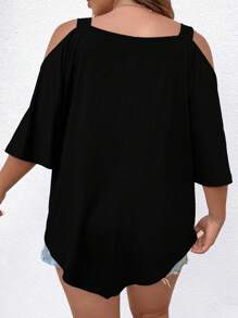 Plus Size Màu trơn Nút trang trí đơn giản Áo thun trễ vai - màu đen - Xem 2