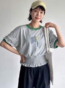 FRIFUL Women's Summer Short Sleeve Casual T-Shirt With Letter Print Round Neck - Grey - View 1