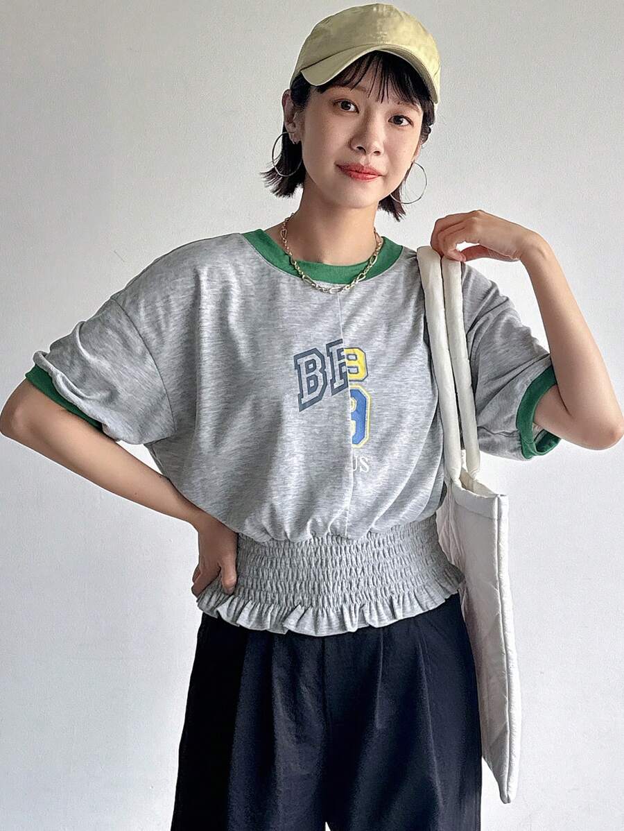 FRIFUL Women's Summer Short Sleeve Casual T-Shirt With Letter Print Round Neck - Grey - View 1