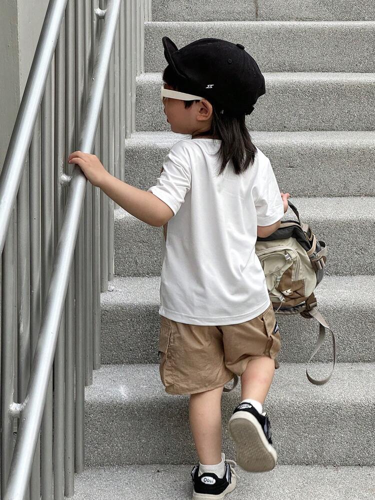 Baby Boys Summer Fashionable Casual Streetwear Double-Layered 2 In 1 Outfits With T-Shirt And Utility Shorts