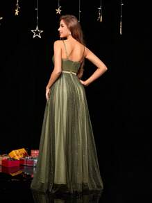 Sparkling Silver Glitter Mesh A-Line Dress With Ruched Bust And Spaghetti Straps, Elegant Formal Evening Prom Wedding Guest Gown, For Graduation, Dinner - Army Green - View 2