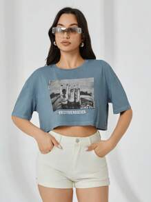 RueChic Women Printed Rhinestone Detailed Crop T-Shirt - Grey - View 2