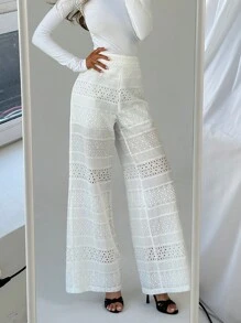 Aloruh Ladies' Regular Waist Hollow Out Flower Embroidered Floor Length Pants, Perfect For Romantic Dates And Vacations - White - View 2