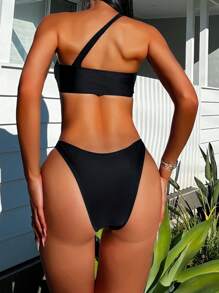 Swim SXY Women Holiday Solid Color One Shoulder Sleeveless Cutout Sexy Fashionable One-Piece Swimsuit Summer - Black - View 2