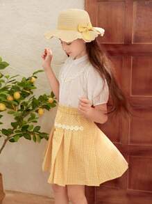 SHEIN Conjunto de camisa de manga corta elegante y sofisticado y falda a cuadros para niña preadolescente, perfecto para vacaciones de verano y estilo campestre