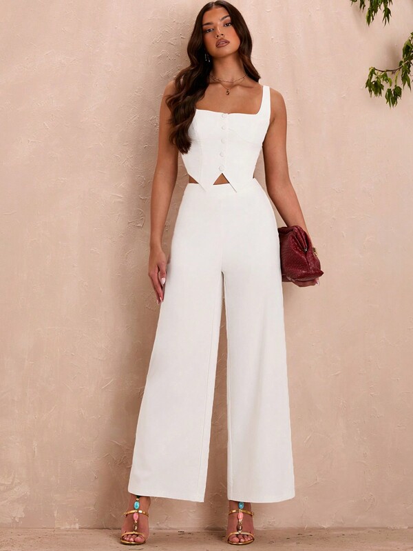SHEIN BAE Summer White Square Sexy Elegant Square-Neck Buttoned Vest & Wide Leg Pants Set
