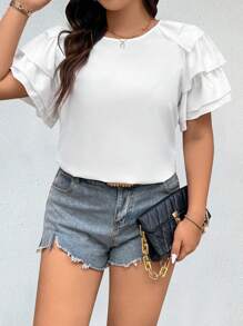 Franclia Camisa de mujer de talla grande, de unicolor y con manga de varias capas para el verano - Blanco - Ver 5