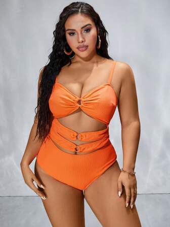 SHEIN Swim Curve 大码女式纯色简约日常圆环细节镂空连体泳衣夏季