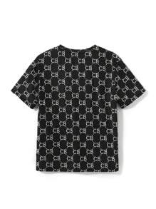 SHEIN 青少年男孩夏季短袖短褲字母圖案針織休閒寬鬆防火睡衣套裝