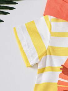 嬰兒男孩可愛獅印花短袖連帽爬服，夏季用 - 橘色 - 查看 4