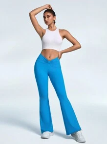 SHEIN Women's Solid Color V-Waist Slim Fit Sports Flared Pants - Blue - View 6