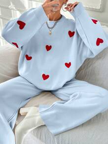 EURMUSE Women's Heart Pattern Drop Shoulder Sweater 2pcs/Set - Baby Blue - View 4