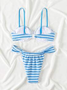 SHEIN Swim 条纹印花夏季分体肩带细肩带比基尼上衣和三角泳裤套装，适合海滩/泳池，夏季海滩 - 彩色 - 查看 2