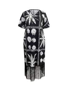 V-Neck Loose Tassel Print Dress, Summer New Style - Black - View 3