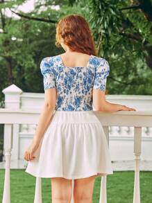 SHEIN Teen Girl Fashionable Summer Sweet Printed Top And Solid Color Skirt Set - Blue and White - View 2
