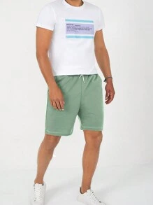 RueChic Shorts de cintura ajustable con cordón estampado de árboles de coco para hombre, ideales para deporte, vacaciones y uso casual en verano - verde menta - Ver 3
