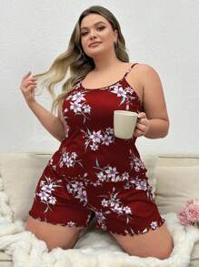 SHEIN Conjunto de pijama de tirantes de espagueti estampado en talla grande - Burdeos - Ver 3