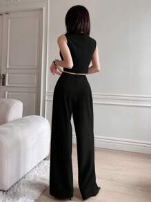 DAZY مجموعة سترة ذات رقبة مربعة وبنطال ذو خصر عالي وساق واسعة للنساء للعمل، ملابس رسمية