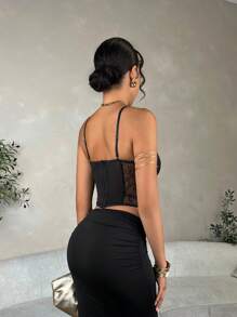 SHEIN BAE Lace Splicing Mesh See-Through Victoria Secret Corset Top,Rave Festival,Country Concert,Rave Festival - Black - View 2