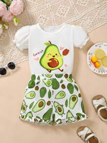 Baby Girl Simple Print Puff Sleeve Short-Sleeved Top And Shorts Set - White - View 7