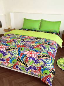 TEENAGE MUTANT NINJA TURTLES | SHEIN Cartoon And Letter Printed Green Duvet Cover Set - Baby Blue - View 5