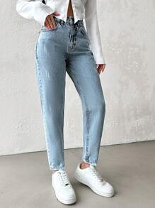 SHEIN Cottnline High Waisted Washed Denim Jeans - Light Wash - View 5
