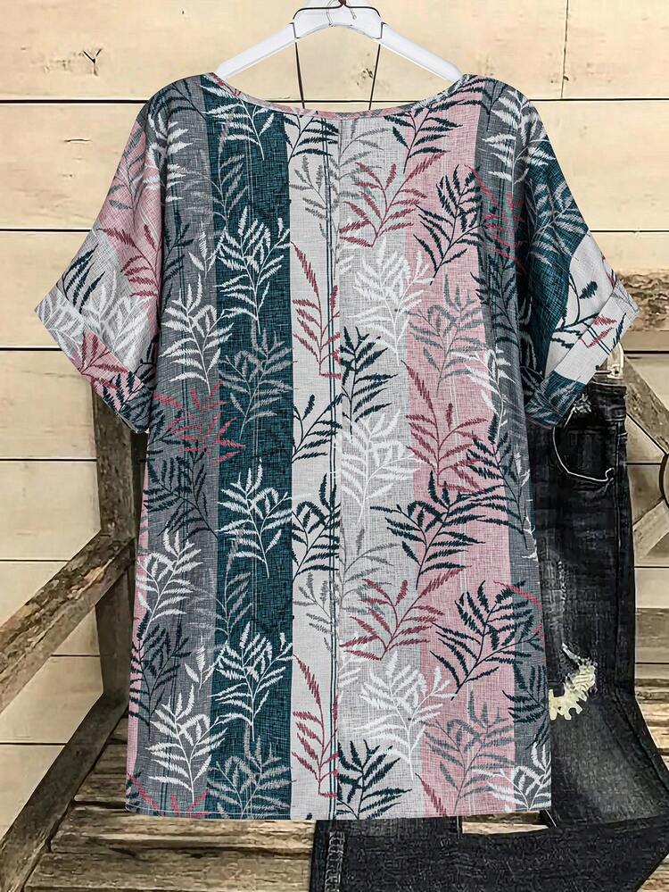 Vacation Leisure Color Block Striped Botanical Print Batwing Sleeve Shirt