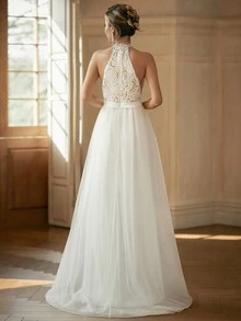 Halter Neck Contrast Sequin Mesh Wedding Dress - White - View 2
