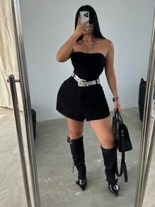 Flirla Plus-Size Women's Solid Color Tube Top Casual Loose Romper, Summer - Black - View 5