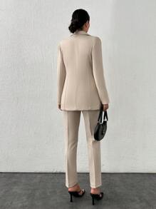EURMUSE Spring & Autumn Casual Solid Colored Suit Set With Turn-Down Collar, Double-Breasted Jacket And Tapered Pants - Beige - View 2