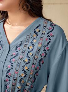 Mulvari Plus Size Bohemian Style V-Neck Belted Dress For Summer - Blue - View 4