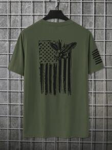 Manfinity LEGND Men's Summer American Eagle Printed Round Neck Short Sleeve Casual T-Shirt - Army Green - View 5