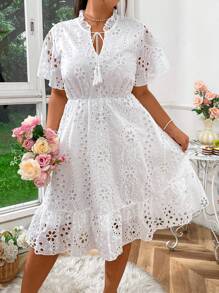 Sunnyshic Plus Size Boho Summer Short Sleeve Dress With Tie Neck, Simple Eyelet Embroidered Ruffle Hem Vacation Beach Outfits Women