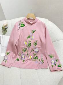 Modelyn Elegant Flower Embroidery Stand Collar Long Sleeve Hanfu Top For Spring, Vintage Classic Tang Suit Hanfu Top - Pink - View 1