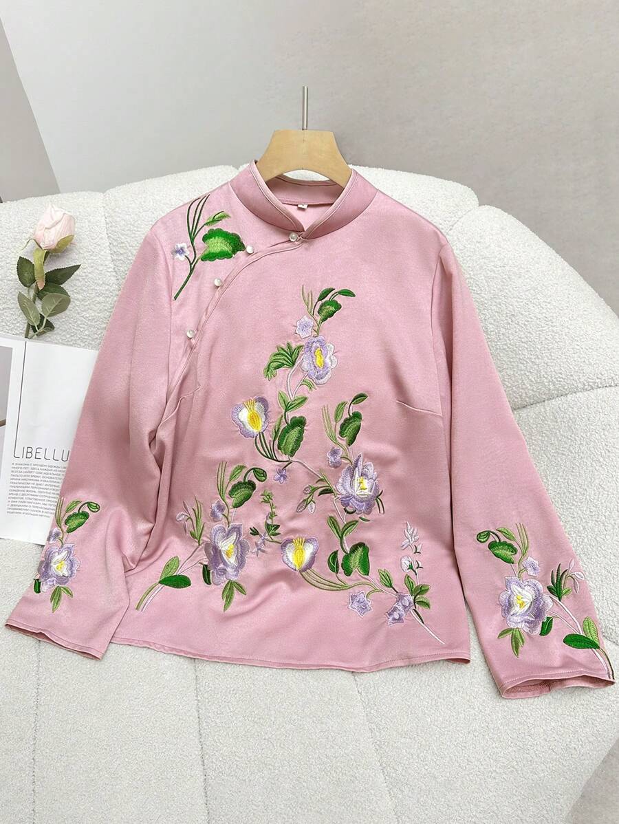 Modelyn Elegant Flower Embroidery Stand Collar Long Sleeve Hanfu Top For Spring, Vintage Classic Tang Suit Hanfu Top - Pink - View 1