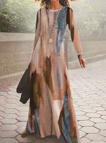 1pc Women Colorblock Round Neck Long Sleeve Elegant Dress, Summer