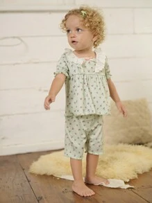 Baby Girl Regular Style Lovely Ladybug & Tiny Flower Digital Printed Bubble Short Sleeve Top And Shorts Set, Multicolor 4pcs Home Outfits - Multicolor - View 5