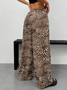 SHEIN EZwear Women's Simple Leopard Print Daily Long Pants - Brown - View 2