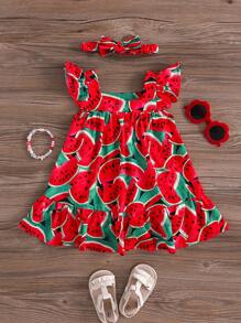 SHEIN Baby Girl Cute Vacation Cartoon Pattern Square Neck Cap Sleeve Dress, Summer - Red - View 1