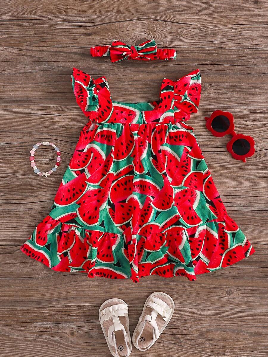 SHEIN Baby Girl Cute Vacation Cartoon Pattern Square Neck Cap Sleeve Dress, Summer - Red - View 1