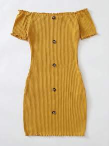 SHEIN Unity Vestido de hombros descubiertos de borde en forma de lechuga con botón delantero - Mostaza Amarilla - Ver 4