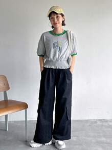 FRIFUL Women's Summer Short Sleeve Casual T-Shirt With Letter Print Round Neck - Grey - View 2