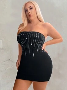 SHEIN LUNE 大尺碼夏季性感鑽石修飾連身無肩帶迷你裙 - 黑色 - 查看 5